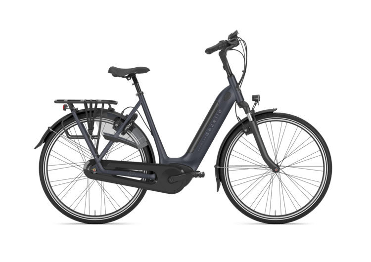 White Gazelle Grenoble C7 HMB electric bike with step-through frame and silver accents on a black background.