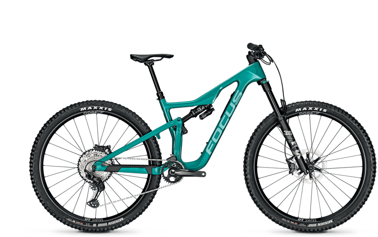 Teal Focus Jam 8.9 mountain bike with full suspension, Maxxis tires, and DT Swiss wheels.