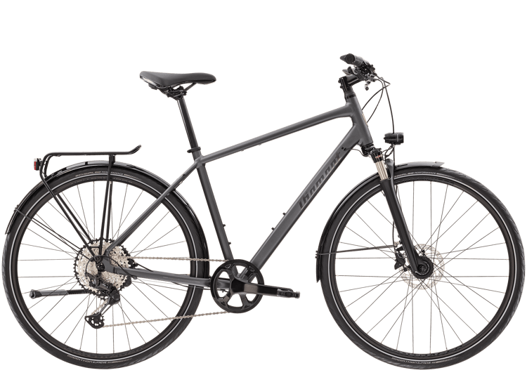 Modern Diamant Elan Grand Deluxe hybrid bike in gray with integrated lighting and rear rack, on a black background.