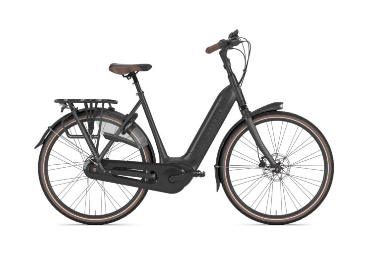 Sleek Gazelle Grenoble C8 HMB electric bike in dark gray, with a step-through frame and rear rack, isolated on a black background.