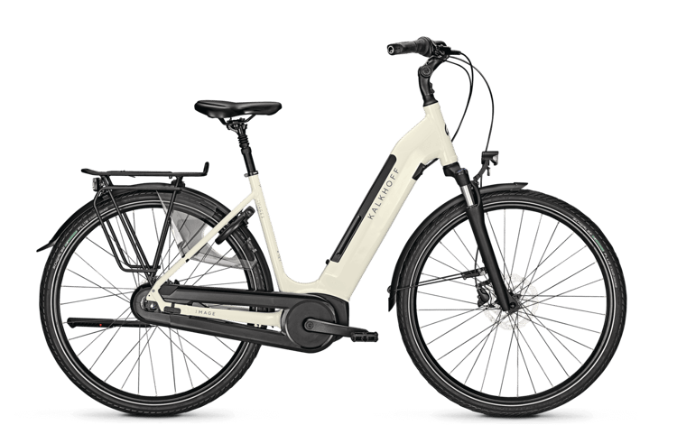 Modernes weißes Kalkhoff E-Bike mit Gepäckträger und Scheibenbremsen, Modell Image 3B Move BLX.