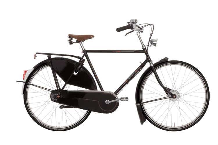 Classic black Dutch-style bicycle with a diamond frame and brown leather saddle.