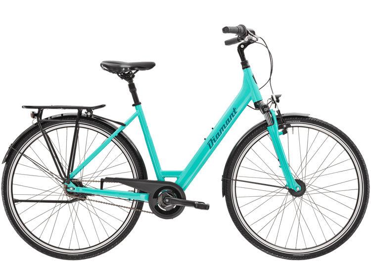 Turquoise Diamant city bike with black chain guard and rear rack, kickstand, bell, and dynamo-powered lights.