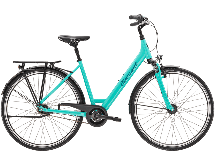 Türkisfarbenes Diamant Achat Tiefeinsteiger Citybike mit Gepäckträger und schwarzen Schutzblechen.