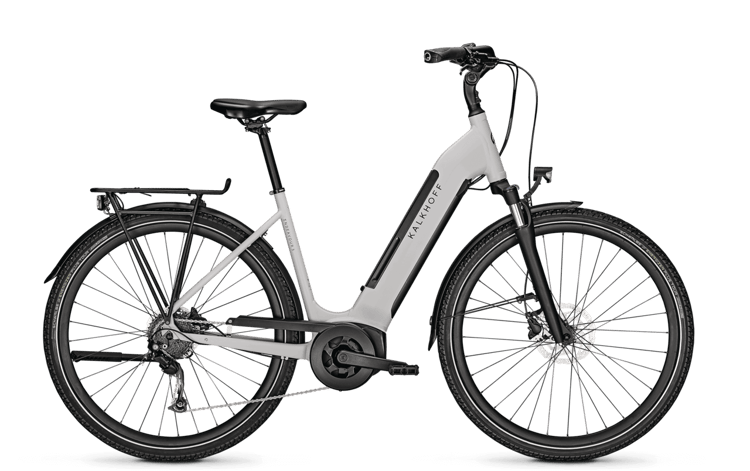 Sleek black Kalkhoff Endeavour 3B Move electric bike with disc brakes and rear rack on a dark background.