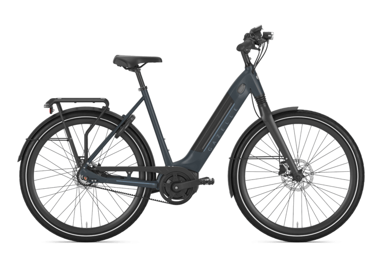 Sleek Gazelle Ultimate C8 HMB electric bike with belt drive, in dark blue, isolated on a black background.