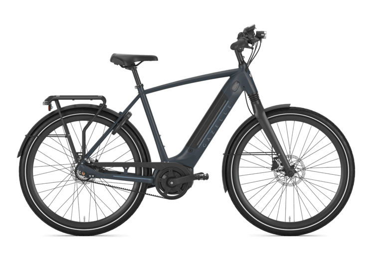 Gazelle Ultimate C8 HMB Belt E-Bike in Blau mit Riemenantrieb, Gepäckträger und Scheibenbremsen.