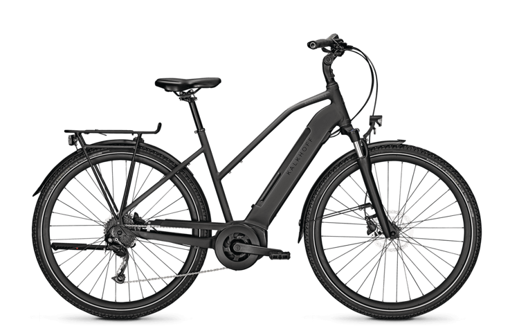 Black Kalkhoff Endeavour 3.B Move electric bike with rear rack, disc brakes, and sleek design.