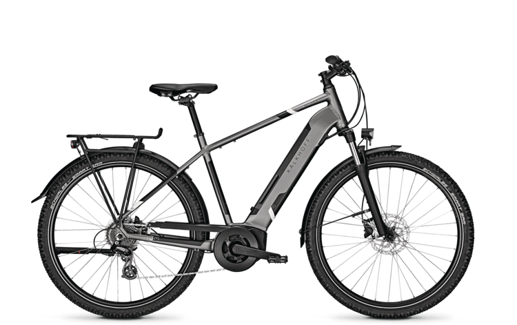 Rotes Kalkhoff Entice 3B Move E-Bike mit Ständer und Gepäckträger auf grünem Hintergrund.