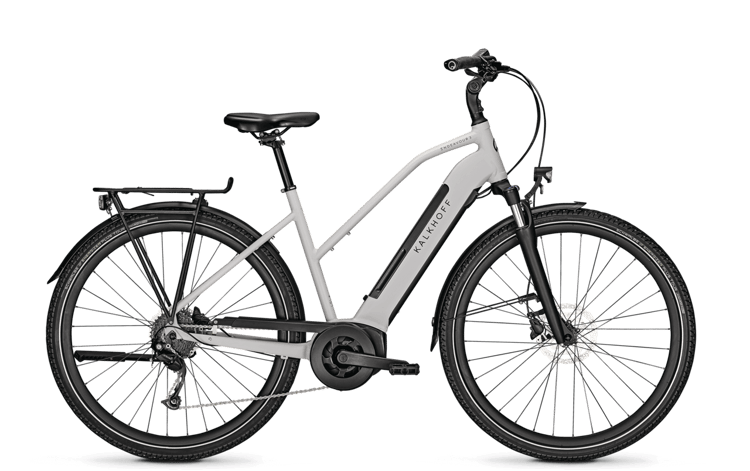 Black Kalkhoff Endeavour 3.B Move electric bike with rear rack, disc brakes, and sleek design.