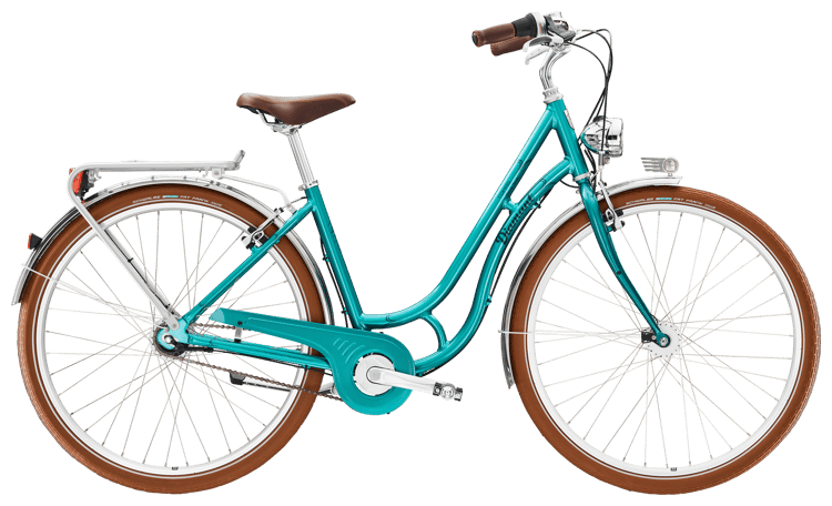 Türkisfarbenes Damenfahrrad "Topas Grandefinale" mit braunem Sattel und Reifen, Chromdetails und Frontlicht.