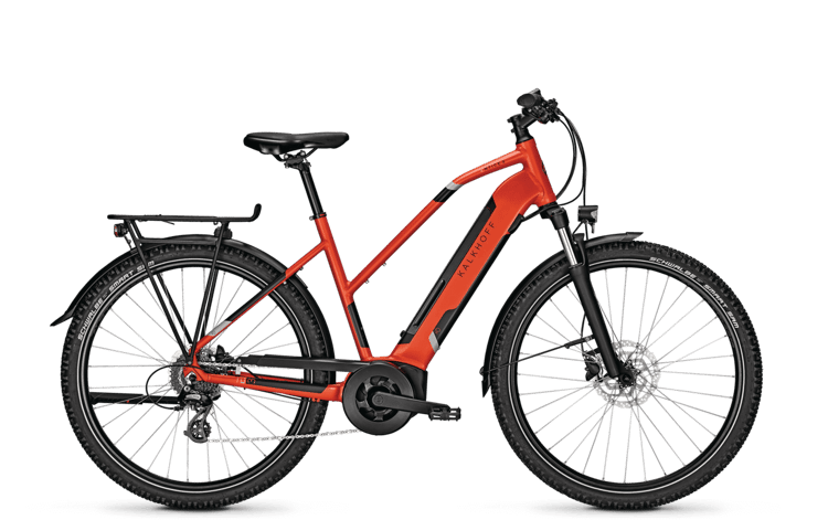 E-Bike Kalkhoff Entice 3.B Move in Rot mit Gepäckträger, Scheibenbremsen und Vordergabel-Federung.