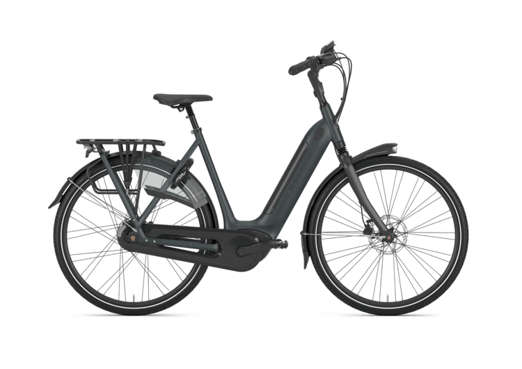 Modern Gazelle Grenoble C380 HMB electric bike in dark gray with rear rack, integrated lights, and step-through frame design.