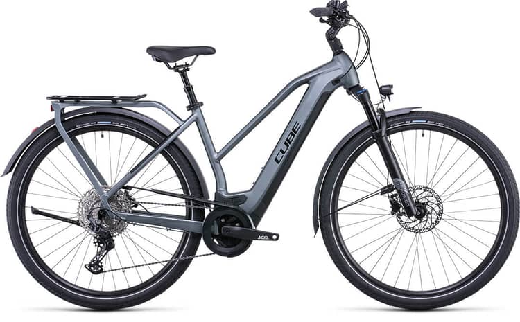 Modern Cube Kathmandu Hybrid Pro electric bike in grey with integrated battery and front suspension.