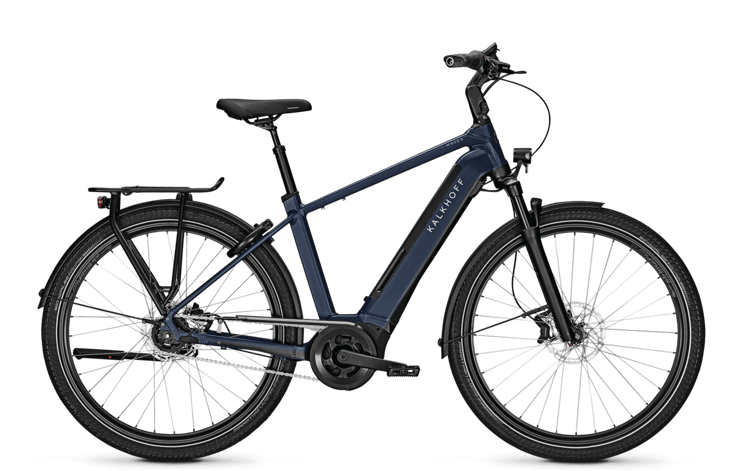 Elegant brown Kalkhoff Image 5B Move electric bicycle with rear rack and disc brakes on a black background.
