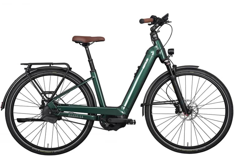 Grünes Kettler Quadriga Pro Belt Automatic D Citybike mit Riemenantrieb und Gepäckträger.