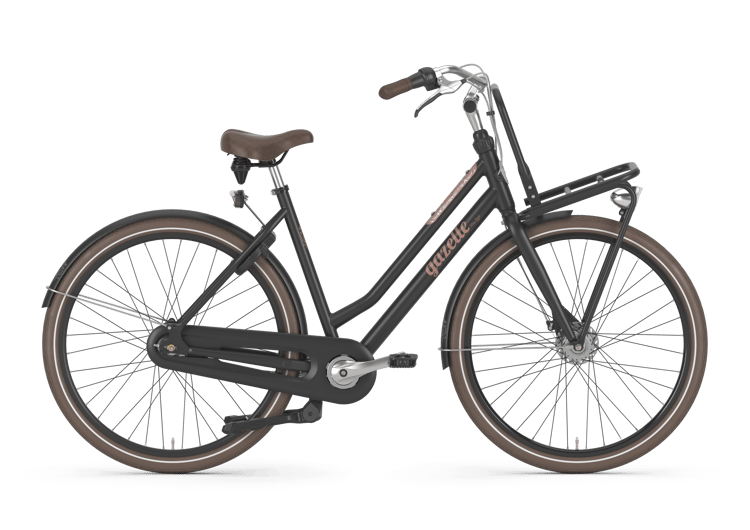 Elegant Gazelle Miss Grace bike in dark gray, with a step-through frame, front basket, and rear rack.