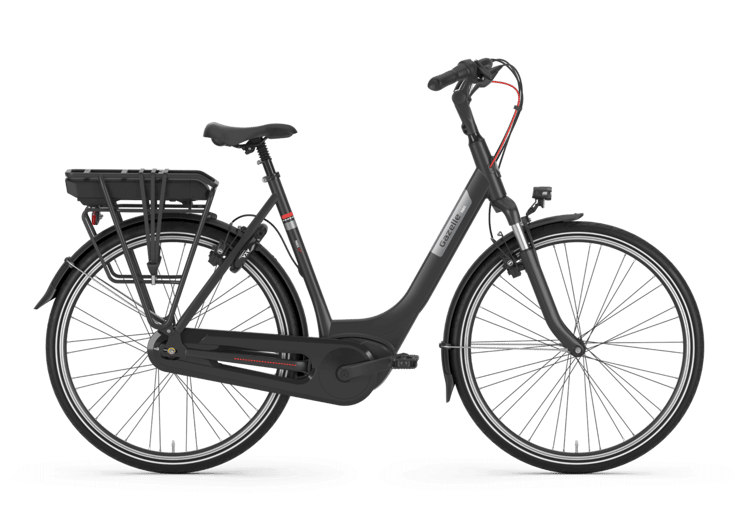 Elektrofahrrad Gazelle Paris C7 HMB in Dunkelgrau, mit Gepäckträger und geschlossenem Kettenkasten.