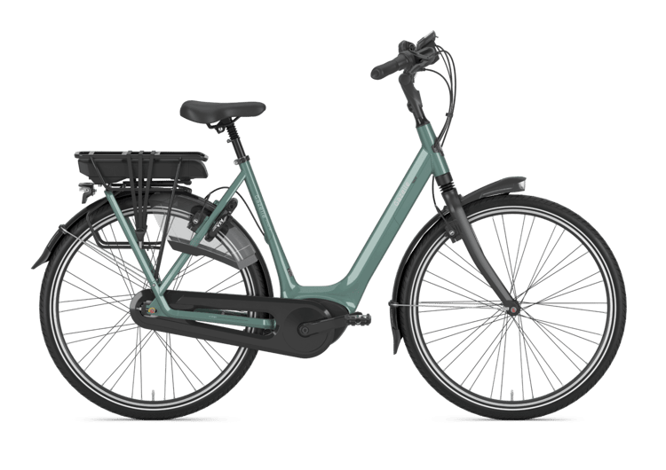 "Green Gazelle Orange C8 HMB electric bike with rear rack and step-through frame on a transparent background."