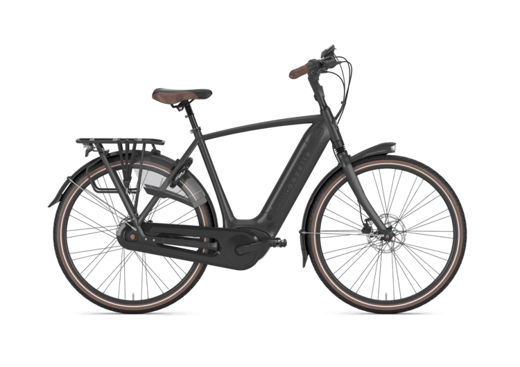 Black Gazelle Grenoble C8 HMB electric bike with brown accents, rear rack, and step-through frame design.
