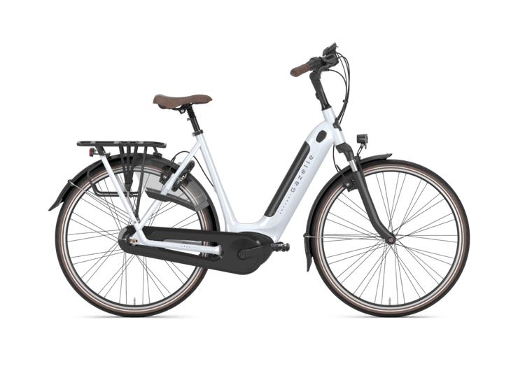 White Gazelle Grenoble C7 HMB electric bike with step-through frame and silver accents on a black background.