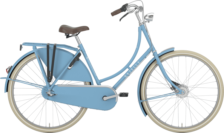 Hellblaues Gazelle Classic Fahrrad mit braunem Sattel und Griffen, Gepäckträger hinten, auf grünem Hintergrund.