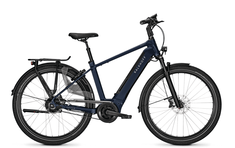 Blue Kalkhoff Image 5.B Excite BLX electric bicycle with rear carrier and disc brakes, side profile view.