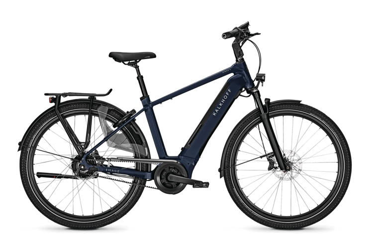 Blue Kalkhoff Image 5.B Excite BLX electric bicycle with rear carrier and disc brakes, side profile view.