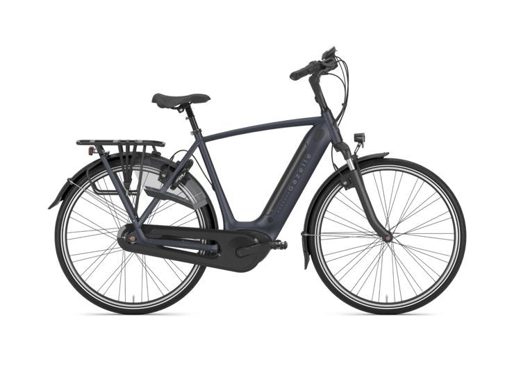 Modern Gazelle Grenoble C7 HMB electric bike in midnight blue with integrated battery and rear carrier.