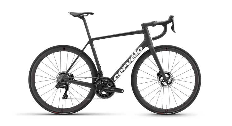 High-performance Cervelo R5 road bike in black with a hint of gold detailing, equipped with disc brakes and aerodynamic frame design.