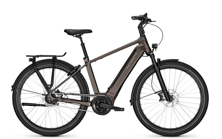 Elegant brown Kalkhoff Image 5B Move electric bicycle with rear rack and disc brakes on a black background.