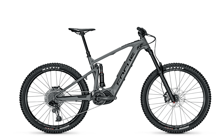 Gray Focus Sam² 6.7 full-suspension mountain e-bike with thick tires and modern design.