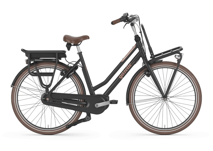 Elektrofahrrad Gazelle Miss Grace C7 HMB in Schwarz mit Lederdetails, Gepäckträger und Vollkettenschutz.