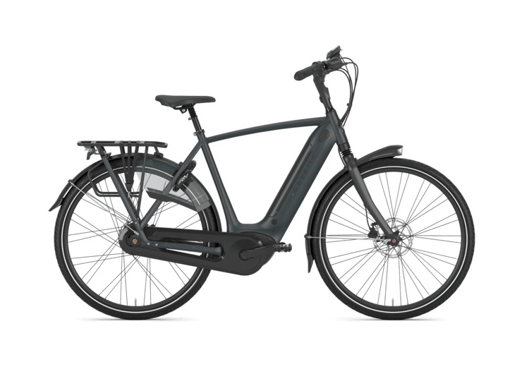 Modern Gazelle Grenoble C380 HMB electric bike in gray with step-through frame, rear rack, and fenders.