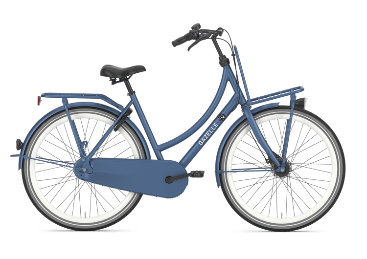 Black Gazelle Puur_NL Dutch-style bicycle with chain guard and rear rack on a transparent background.