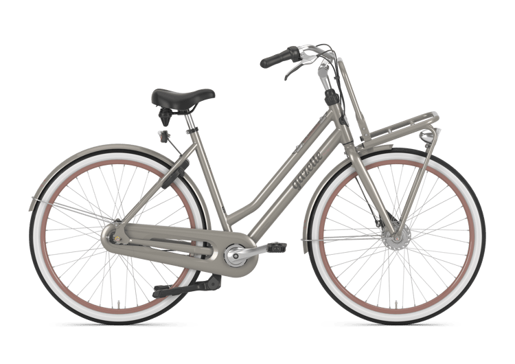 Elegant Gazelle Miss Grace bike in dark gray, with a step-through frame, front basket, and rear rack.