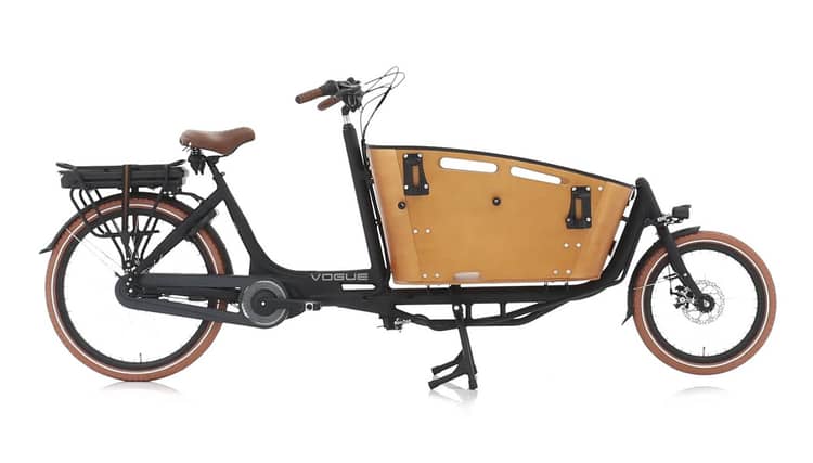 Elektrisches Lastenrad Vogue Carry mit brauner Box und Lederdetails.