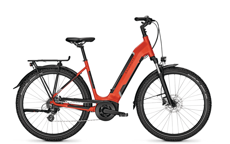 Bright red Kalkhoff Entice 3B Move electric bike with a step-through frame and black trims, against a dark background.
