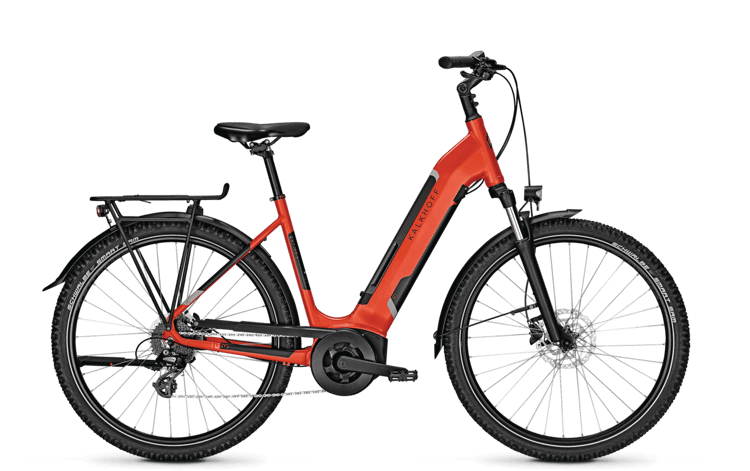 Elektrisches Kalkhoff Entice 3.B Move Damenfahrrad in Rot mit Scheibenbremsen und Gepäckträger.