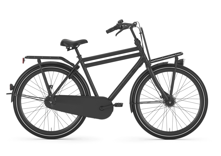 Black Gazelle PuurNL H men's bicycle with sturdy frame, front and rear fenders, chain guard, and kickstand on transparent background.