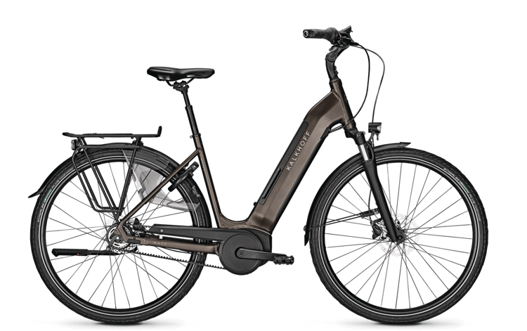 Matte brown Kalkhoff Image 3B Excite BLX electric bike with front suspension and rear carrier on black background.