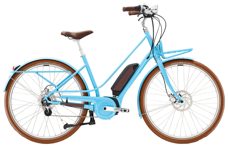 Diamant Juna Deluxe+ E-Bike in Blau mit braunem Sattel und Griffen, weiß-blauer Schutzbleche und Gepäckträger.