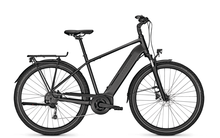 Sleek black Kalkhoff Endeavour 3B Move bicycle with disc brakes and rear pannier rack, on a black background.