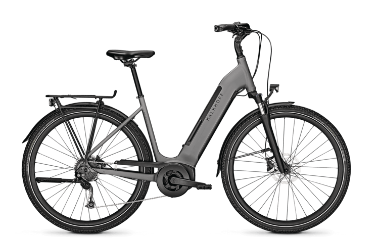 Sleek black Kalkhoff Endeavour 3B Move electric bike with disc brakes and rear rack on a dark background.