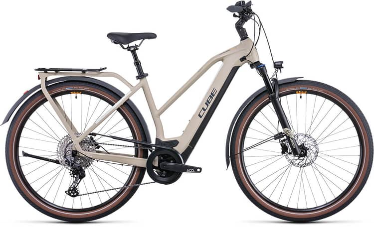 Modern Cube Kathmandu Hybrid Pro electric bike in grey with integrated battery and front suspension.