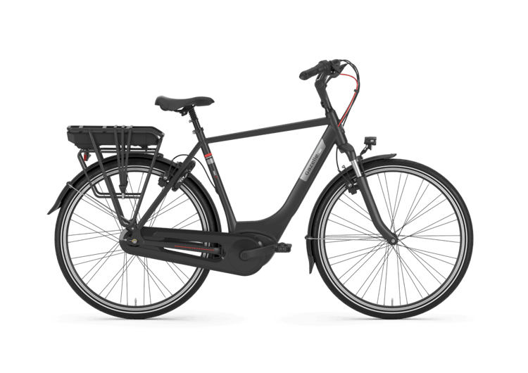 Black Gazelle Paris C7 HMB electric bike with rear rack, chain guard, and fenders on a transparent background.