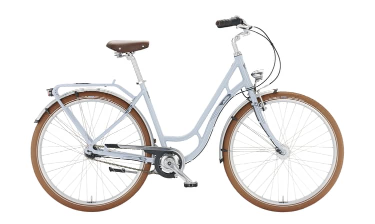 KTM Tourella silbernes Fahrrad für die Stadt mit Gepäckträgern.