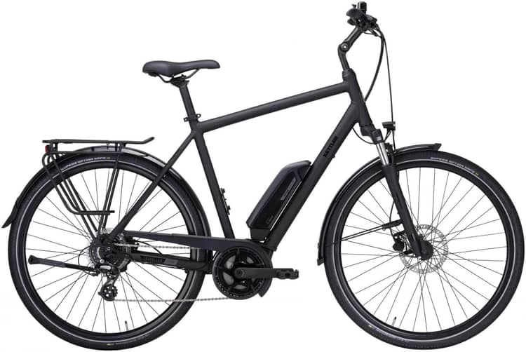 Black Kettler Traveller E-Silver 8 electric bicycle with battery on downtube, rack, and mudguards.