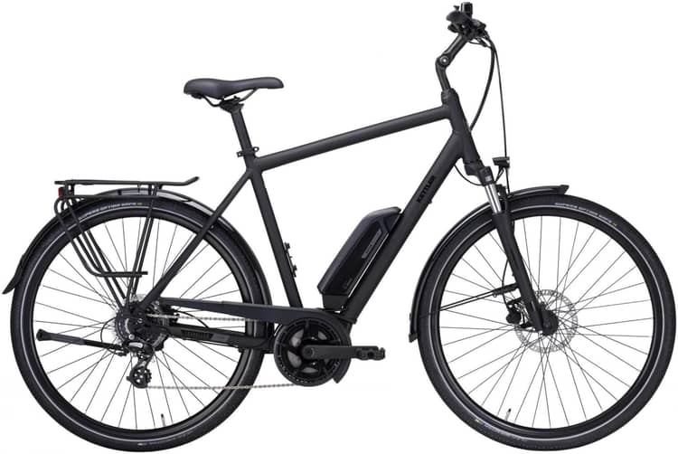 Modernes schwarzes Kettler Traveller E-Silver 8 H City-E-Bike mit Gepäckträger und Akku an Rahmen.