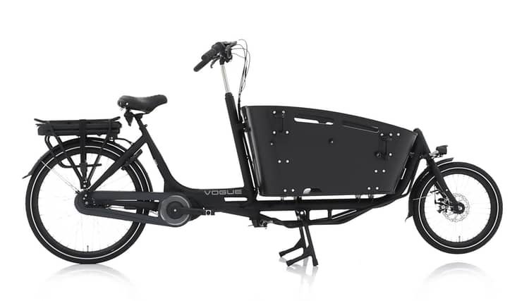 Elektrisches Lastenrad Vogue Carry mit brauner Box und Lederdetails.